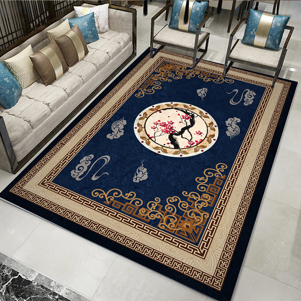 Solid Color Asian Indoor Rug Polyester Antique Print Rug Non-Slip Backing Indoor Rug for Home Decor