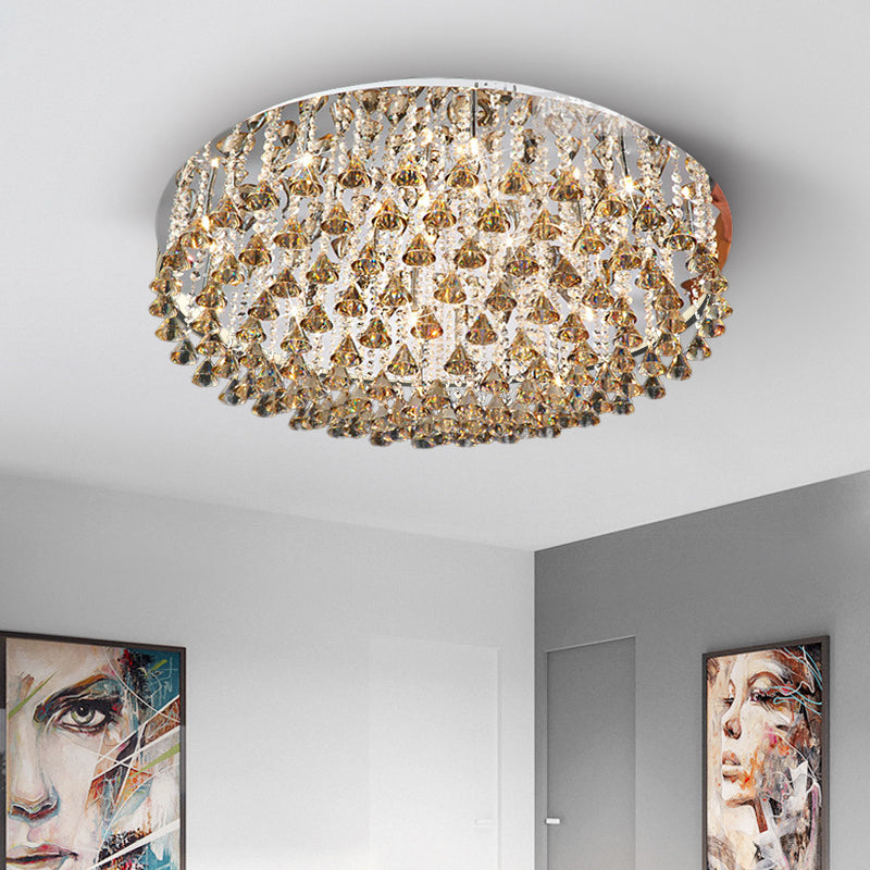 Drum Ceiling Lighting Modern Crystal Drop Nickel LED Flush Mount Light Fixture for Living Room