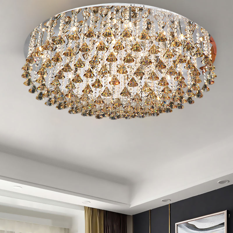 Drum Ceiling Lighting Modern Crystal Drop Nickel LED Flush Mount Light Fixture for Living Room