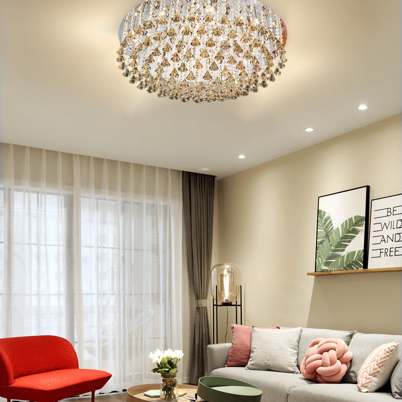 Drum Ceiling Lighting Modern Crystal Drop Nickel LED Flush Mount Light Fixture for Living Room