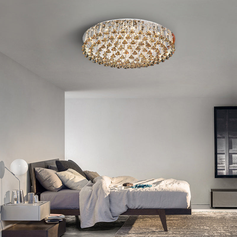 Drum Ceiling Lighting Modern Crystal Drop Nickel LED Flush Mount Light Fixture for Living Room