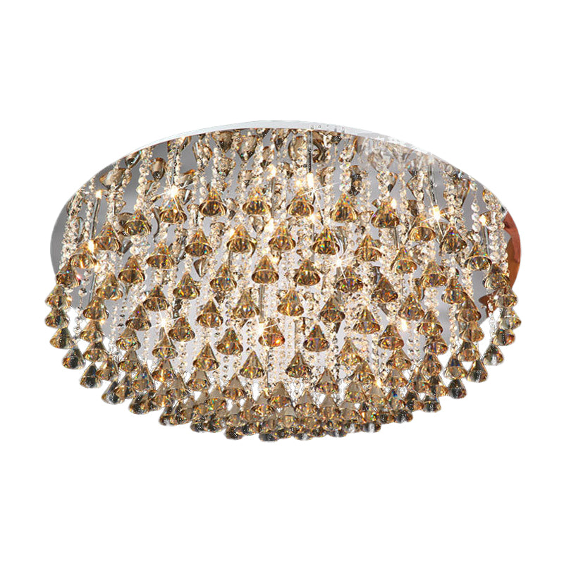 Drum Ceiling Lighting Modern Crystal Drop Nickel LED Flush Mount Light Fixture for Living Room