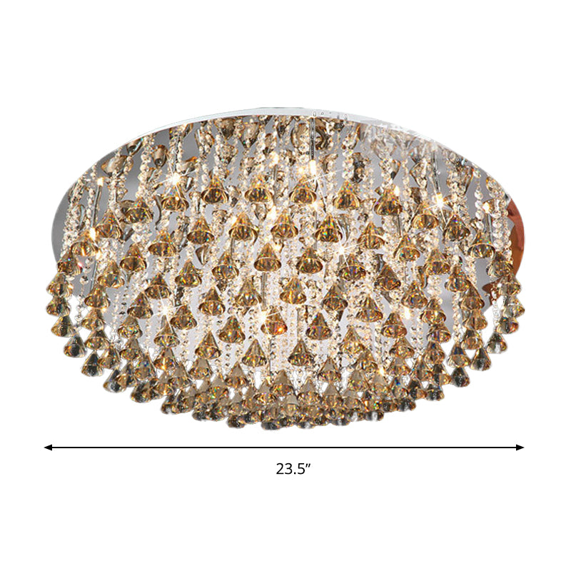 Drum Ceiling Lighting Modern Crystal Drop Nickel LED Flush Mount Light Fixture for Living Room