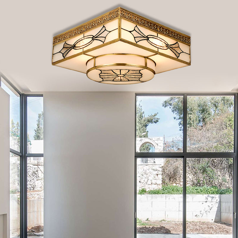 4 Luci Flush Mount Lighting Colonial Square Opal Glass Flush Light Fixture in Gold for Kitchen