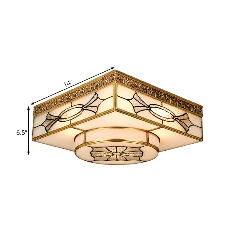 4 Lights Flush Mount Lighting Colonial Square Opal Glass Flush Light Fixture in Gold for Kitchen