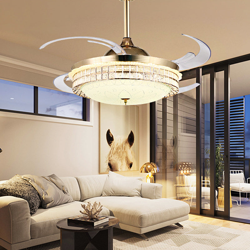 Gold Finish Semi Flush Light with Fan Modernity LED 8-Blade 6-Wind Speed Downrod Ceiling Fan with Dome Acrylic Shade