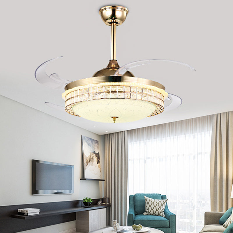 Gold Finish Semi Flush Light with Fan Modernity LED 8-Blade 6-Wind Speed Downrod Ceiling Fan with Dome Acrylic Shade