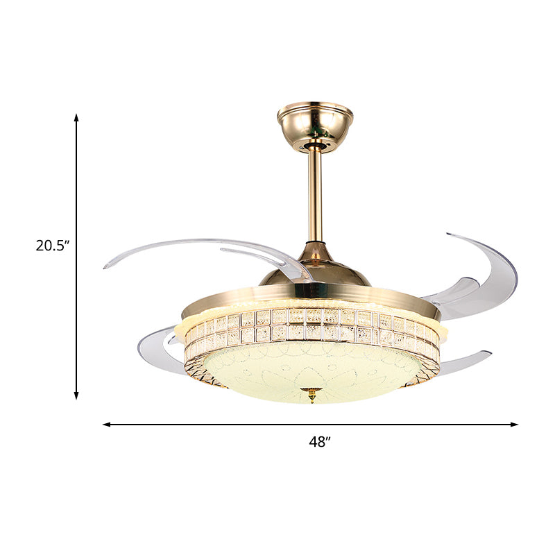 Finition en or Lumière semi-affinie avec modernité de ventilateur LED 8-lames Ventilleur de plafond en downrod à une vitesse de 6-vent avec une teinte en acrylique dôme