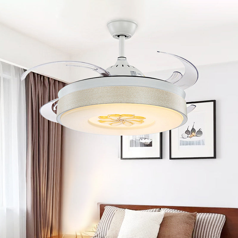 Modern Style Drum Shape LED Ceiling Fan 6 Wind Speed 8 Reversible Blade Acrylic White Semi Flush Mount Light