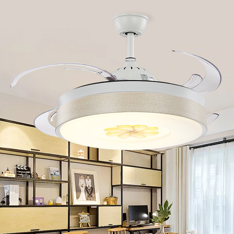 Modern Style Drum Shape LED Ceiling Fan 6 Wind Speed 8 Reversible Blade Acrylic White Semi Flush Mount Light