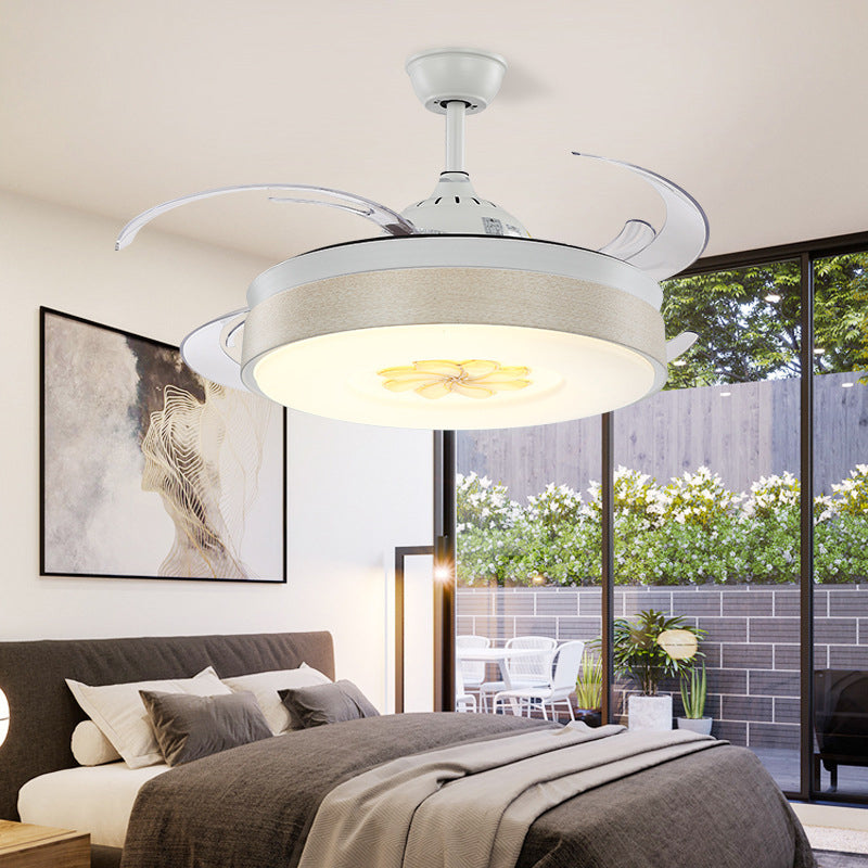 Modern Style Drum Shape LED Ceiling Fan 6 Wind Speed 8 Reversible Blade Acrylic White Semi Flush Mount Light