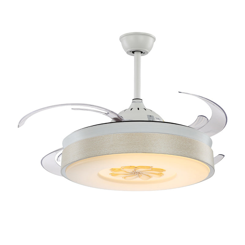 Modern Style Drum Shape LED Ceiling Fan 6 Wind Speed 8 Reversible Blade Acrylic White Semi Flush Mount Light