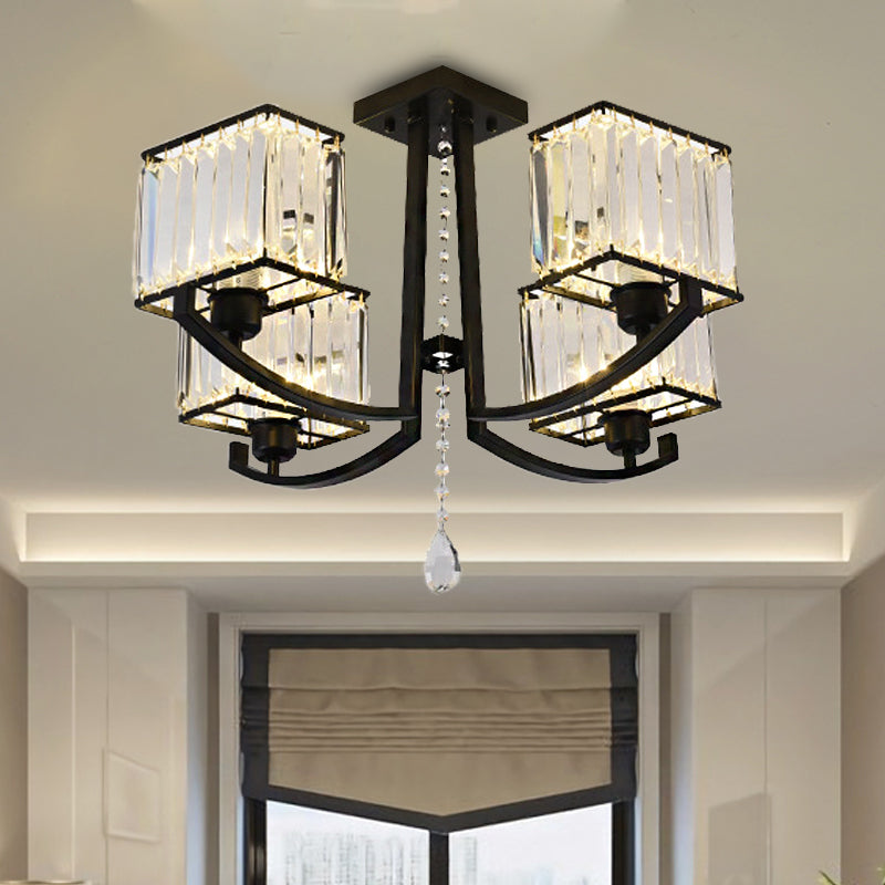 Black Rectangle Semi Flush Mount Lamp Contemporary 4/8 Lights Three Sided Crystal Rod Ceiling Light