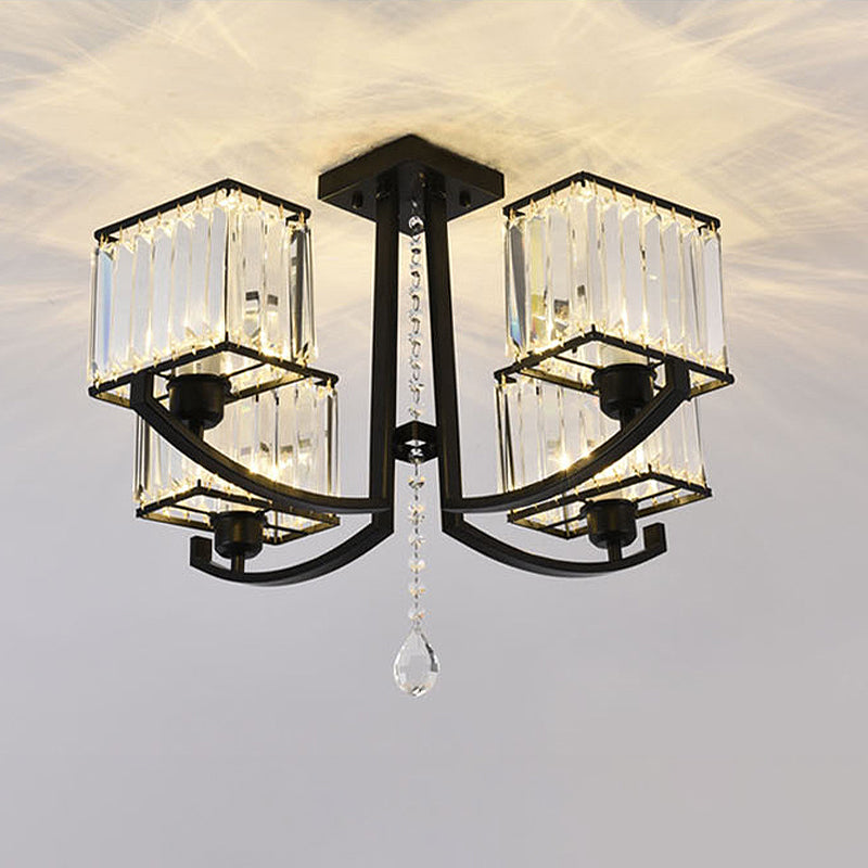 Black Rectangle Semi Flush Mount Lamp Contemporary 4/8 Lights Three Sided Crystal Rod Ceiling Light