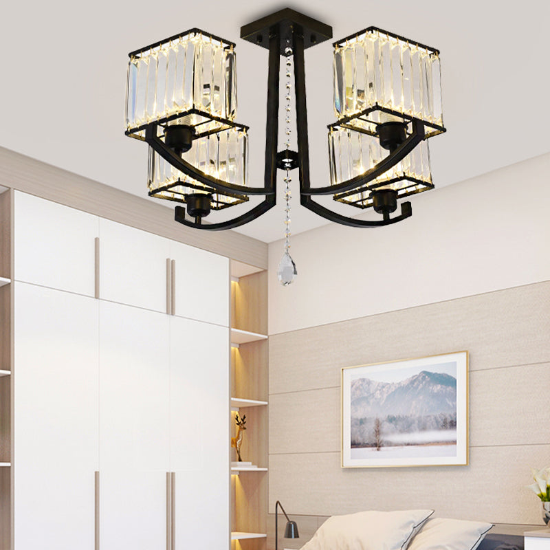 Black Rectangle Semi Flush Mount Lamp Contemporary 4/8 Lights Three Sided Crystal Rod Ceiling Light