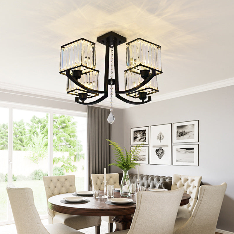 Black Rectangle Semi Flush Mount Lamp Contemporary 4/8 Lights Three Sided Crystal Rod Ceiling Light