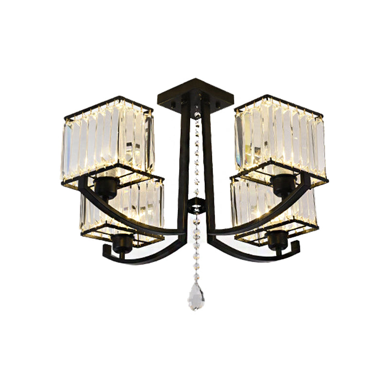 Black Rectangle Semi Flush Mount Lamp Contemporary 4/8 Lights Three Sided Crystal Rod Ceiling Light