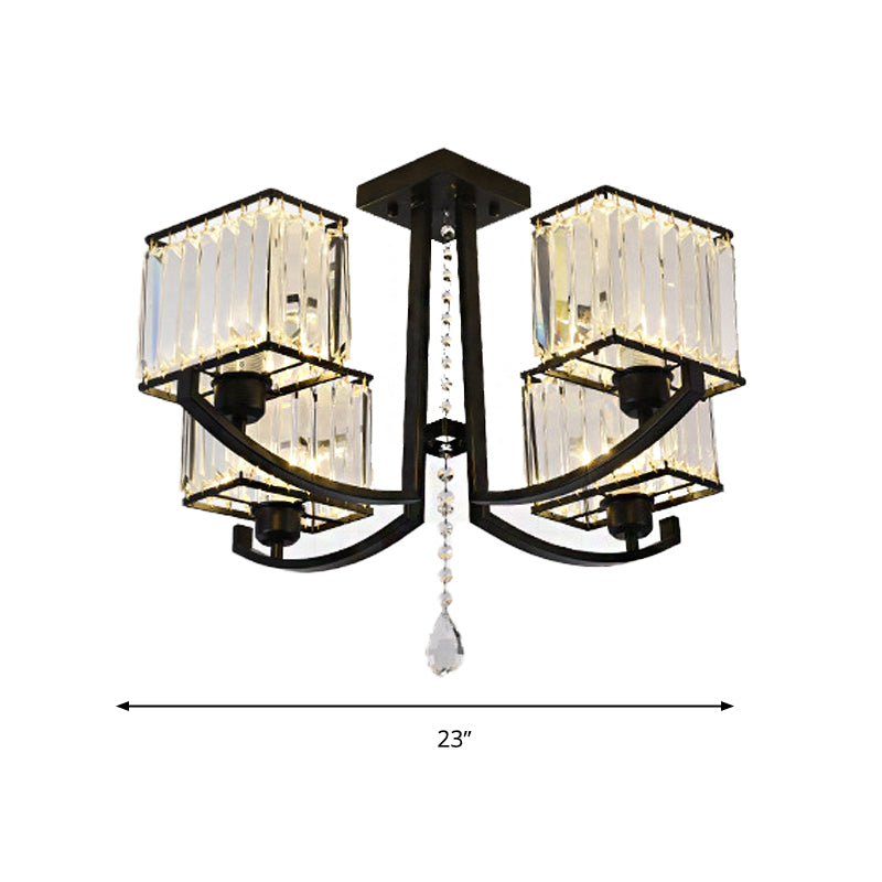 Black Rectangle Semi Flush Mount Lamp Contemporary 4/8 Lights Three Sided Crystal Rod Ceiling Light