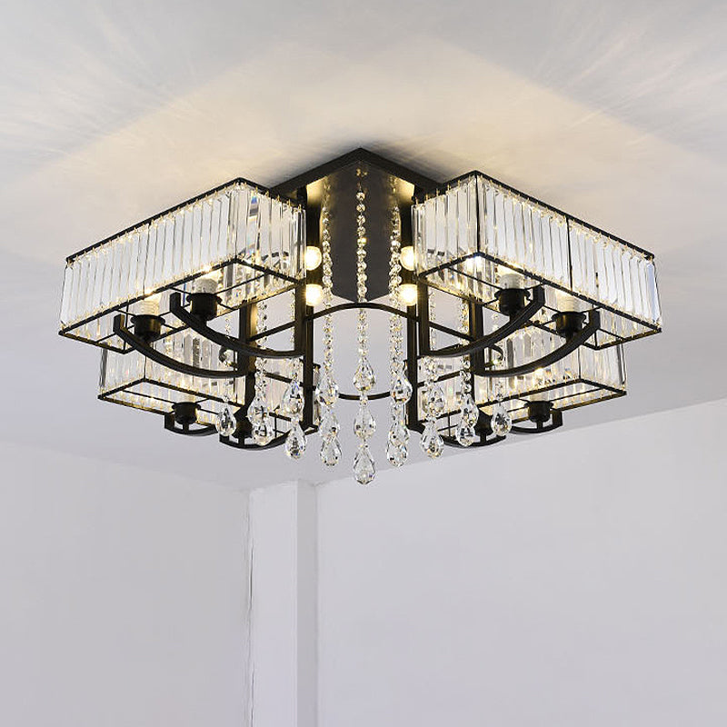 Black Rectangle Semi Flush Mount Lamp Contemporary 4/8 Lights Three Sided Crystal Rod Ceiling Light