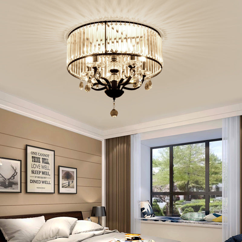 Round Crystal Block Semi Flush Light Fixture Contemporary 4 Heads Black Ceiling Lamp in White Light