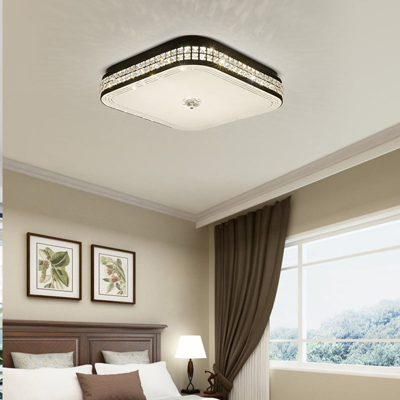 Black Square Flush Mount Fixture Simple Style K9 Crystal LED Ceiling Light for Bedroom