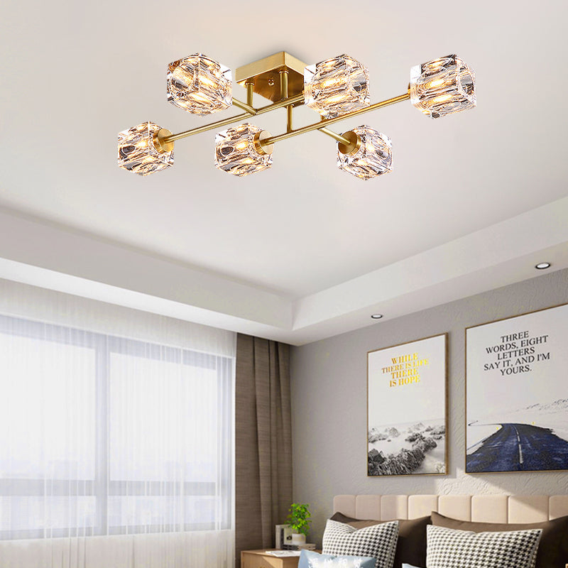 Cubic Dimpled Crystal Semi Flush Mount Lighting Postmodern 4/6 Heads Gold Ceiling Light Fixture