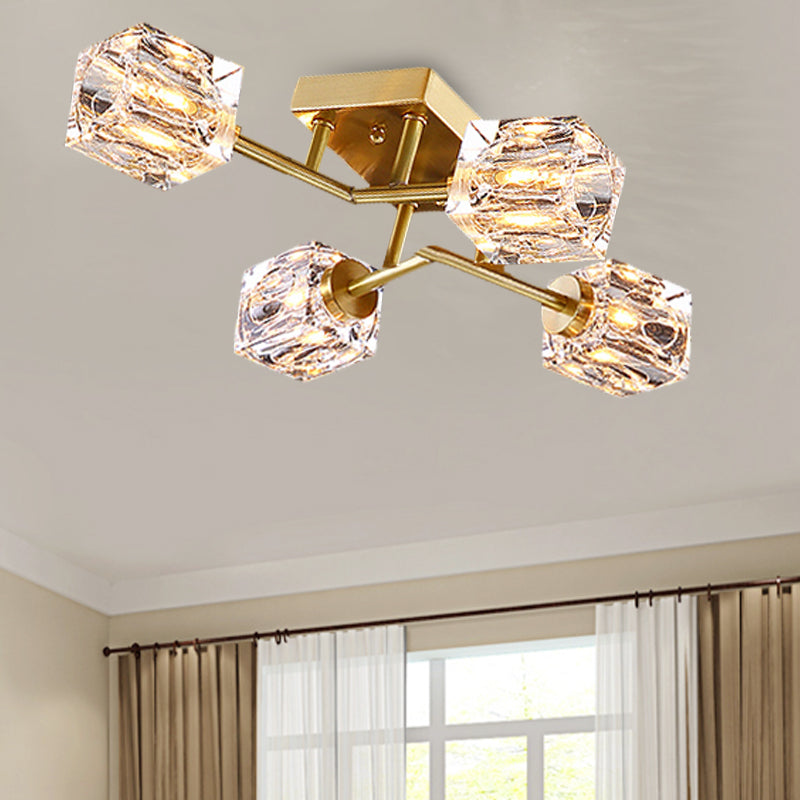 Cubic Dimpled Crystal Semi Flush Mount Lighting Postmodern 4/6 Heads Gold Ceiling Light Fixture