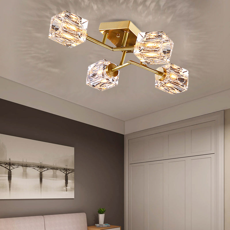 Cubic Dimpled Crystal Semi Flush Mount Lighting Postmodern 4/6 Heads Gold Ceiling Light Fixture