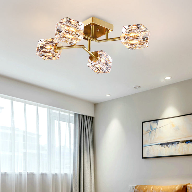 Cubic Dimpled Crystal Semi Flush Mount Lighting Postmodern 4/6 Heads Gold Ceiling Light Fixture