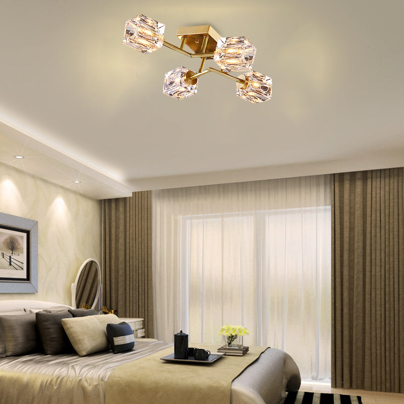 Cubic Dimpled Crystal Semi Flush Mount Lighting Postmodern 4/6 Heads Gold Ceiling Light Fixture