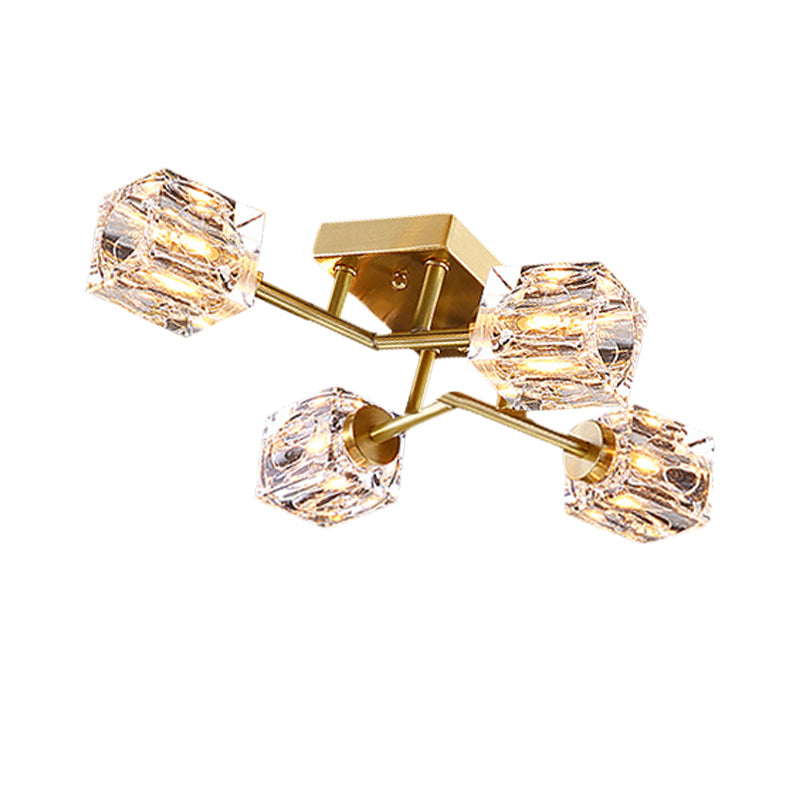 Cubic Dimpled Crystal Semi Flush Mount Lighting Postmodern 4/6 Heads Gold Ceiling Light Fixture