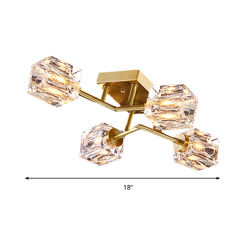 Cubic Dimpled Crystal Semi Flush Mount Lighting Postmodern 4/6 Heads Gold Ceiling Light Fixture