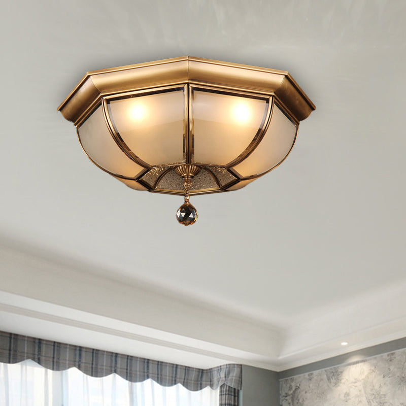 Dome Ceiling Mounted Fixture Postmodern Frosted Glass 3/4 Heads Living Room Flush Mount Lighting in Brass with Crystal Drop