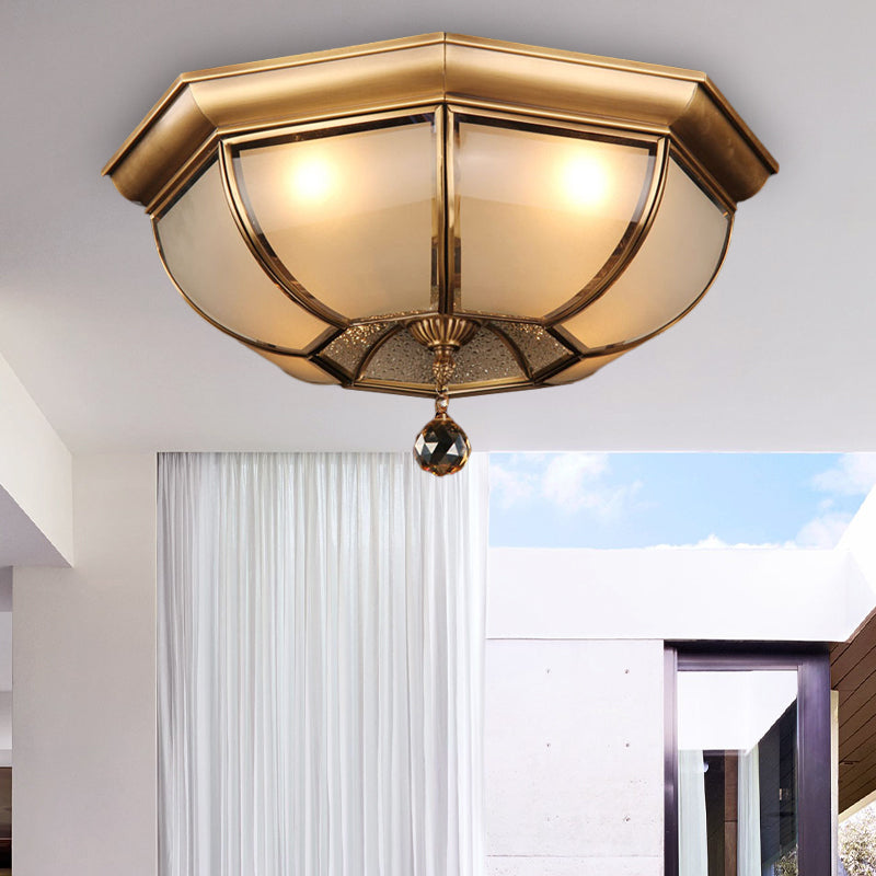 Dome Ceiling Mounted Fixture Postmodern Frosted Glass 3/4 Heads Living Room Flush Mount Lighting in Brass with Crystal Drop