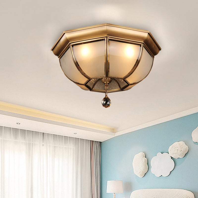 Dome Ceiling Mounted Fixture Postmodern Frosted Glass 3/4 Heads Living Room Flush Mount Lighting in Brass with Crystal Drop