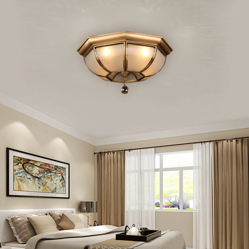 Dome Ceiling Mounted Fixture Postmodern Frosted Glass 3/4 Heads Living Room Flush Mount Lighting in Brass with Crystal Drop