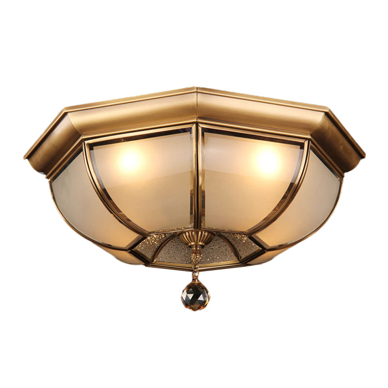 Dome Ceiling Mounted Fixture Postmodern Frosted Glass 3/4 Heads Living Room Flush Mount Lighting in Brass with Crystal Drop