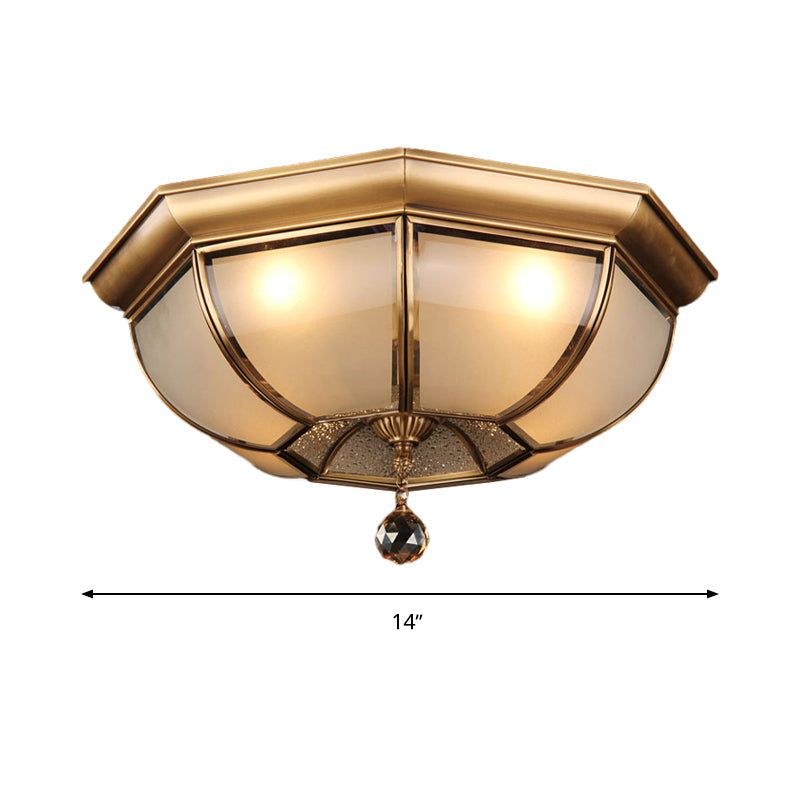 Dome Ceiling Mounted Fixture Postmodern Frosted Glass 3/4 Heads Living Room Flush Mount Lighting in Brass with Crystal Drop