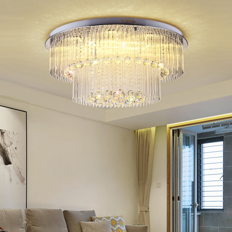 2 Tiers Crystal Rod Ceiling Lamp Modernism Nickel LED Flush Light Fixture for Living Room