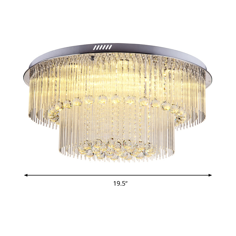 2 Tiers Crystal Rod Ceiling Lamp Modernism Nickel LED Flush Light Fixture for Living Room