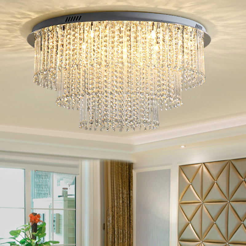 Crystal Strand 3 Tiers Ceiling Light Modernism Nickel LED Flush Mount Lamp for Living Room