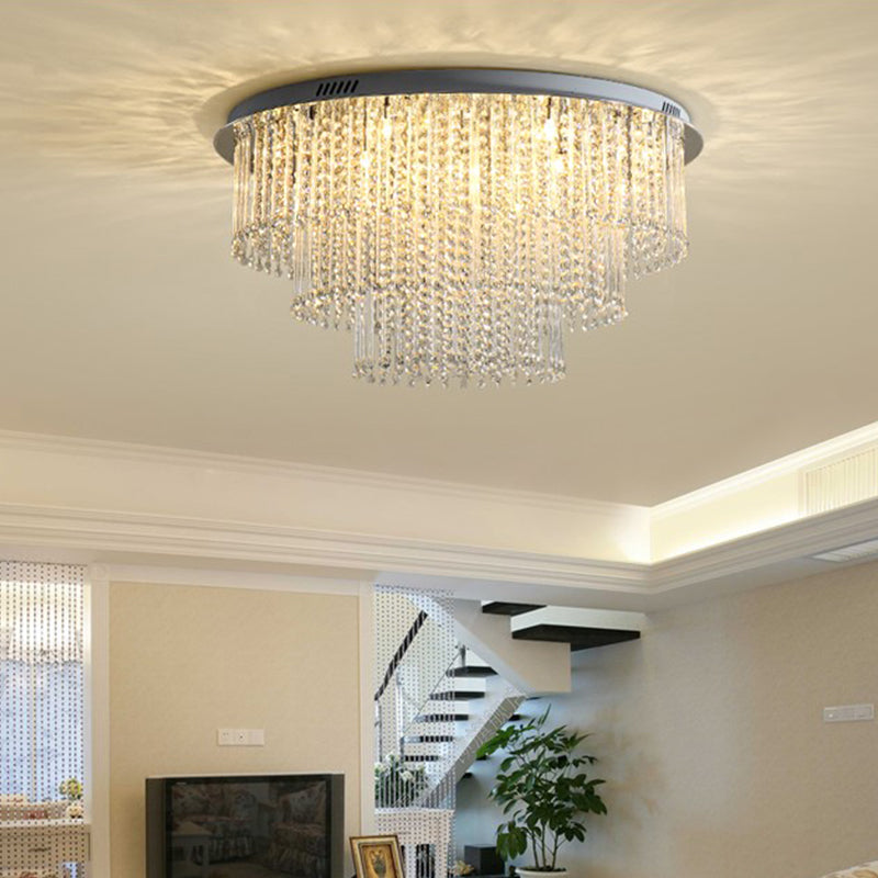 Crystal Strand 3 Tiers Ceiling Light Modernism Nickel LED Flush Mount Lamp for Living Room