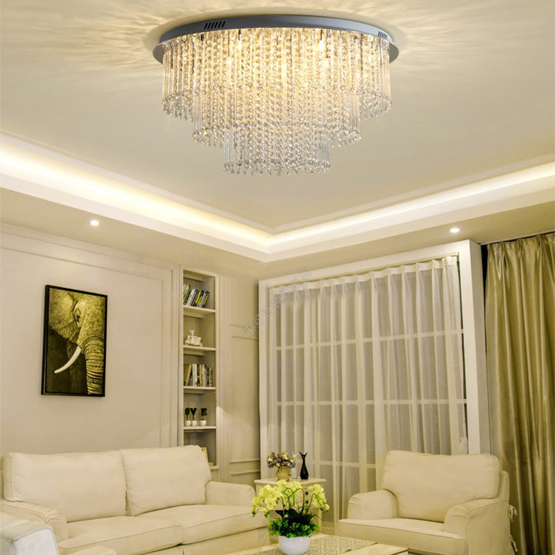 Crystal Strand 3 Tiers Ceiling Light Modernism Nickel LED Flush Mount Lamp for Living Room