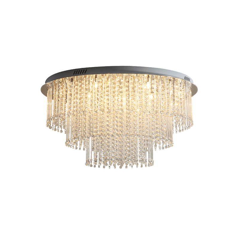 Crystal Strand 3 Tiers Ceiling Light Modernism Nickel LED Flush Mount Lamp for Living Room