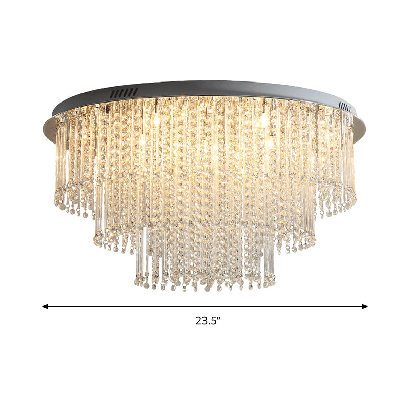 Crystal Strand 3 Tiers Ceiling Light Modernism Nickel LED Flush Mount Lamp for Living Room