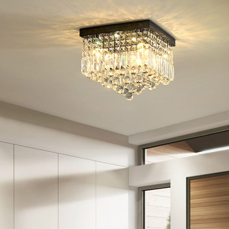 Rectangle Corridor Ceiling Mounted Light Faceted Crystal 2/4 Heads Contemporary Flush Light in Black/White