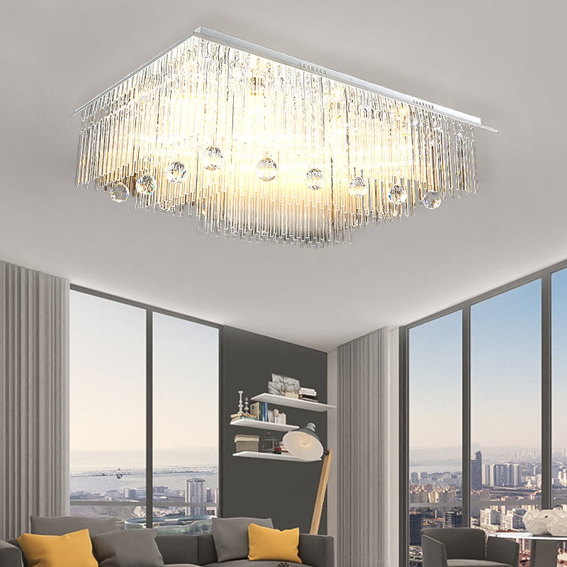 Rectangle Ceiling Light Modern Crystal Rod 16 Heads Nickel Flush Mount Light for Bedroom