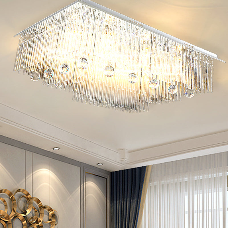 Rectangle Ceiling Light Modern Crystal Rod 16 Heads Nickel Flush Mount Light for Bedroom