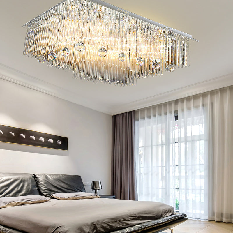 Rectangle Ceiling Light Modern Crystal Rod 16 Heads Nickel Flush Mount Light for Bedroom