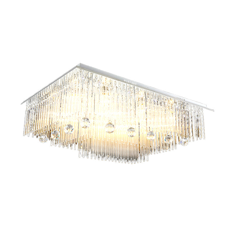 Rectangle Ceiling Light Modern Crystal Rod 16 Heads Nickel Flush Mount Light for Bedroom